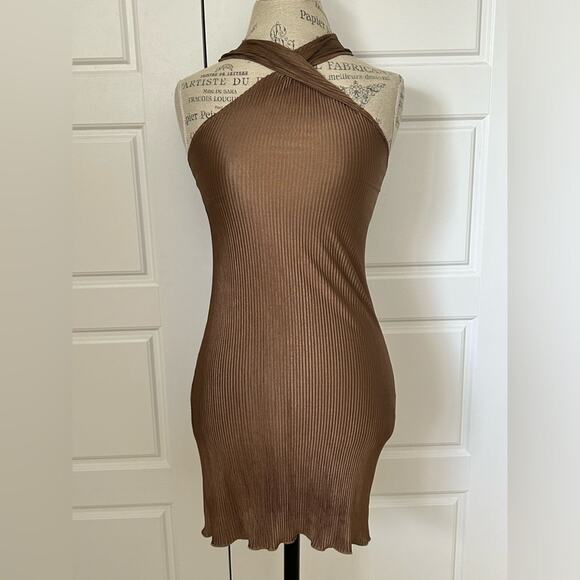 Song of style revolve pleated cross front Pluto mini dress bronze brown size XS - Picture 2 of 9